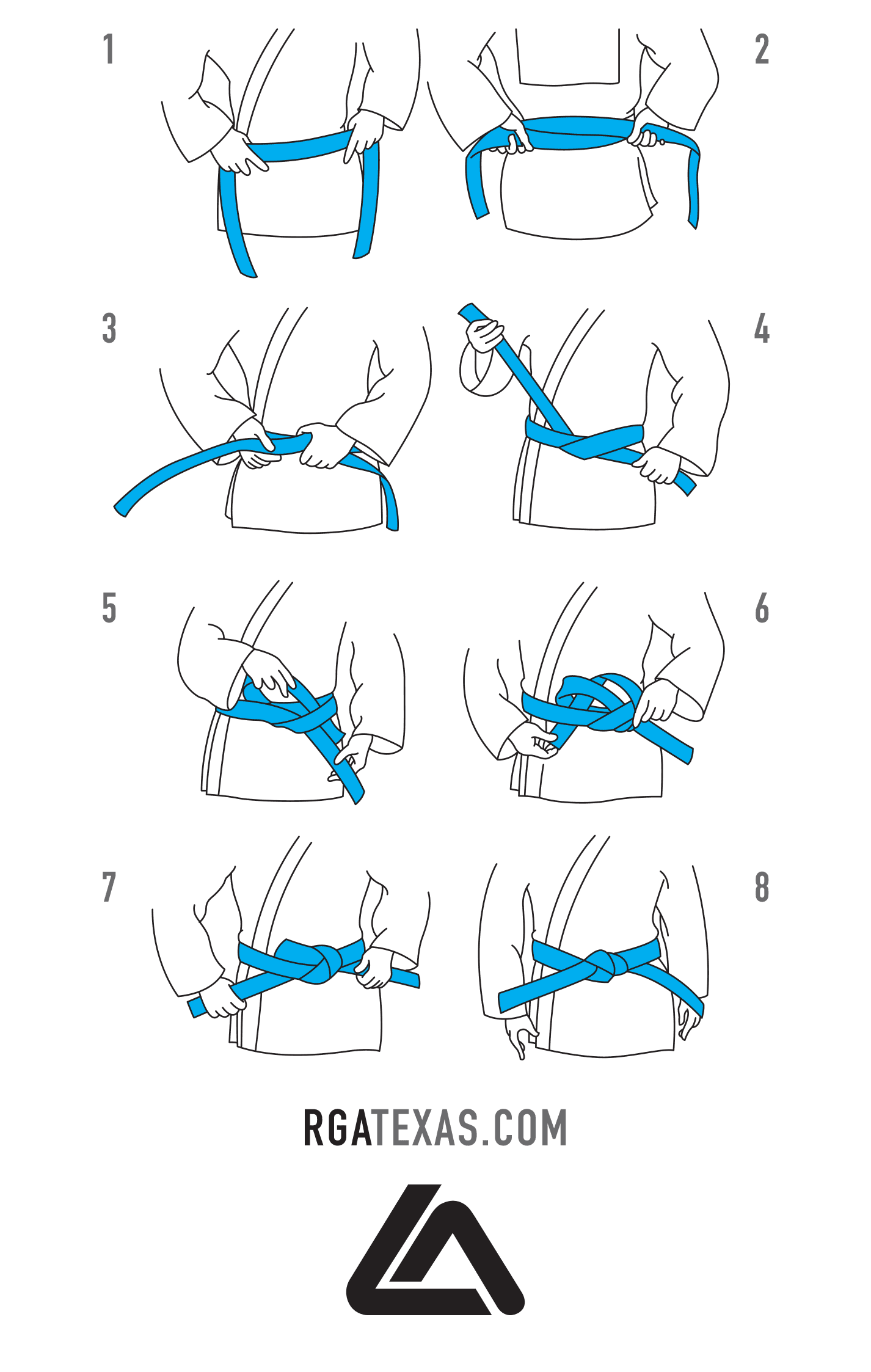 Step-by-step diagram showing how to tie a BJJ belt