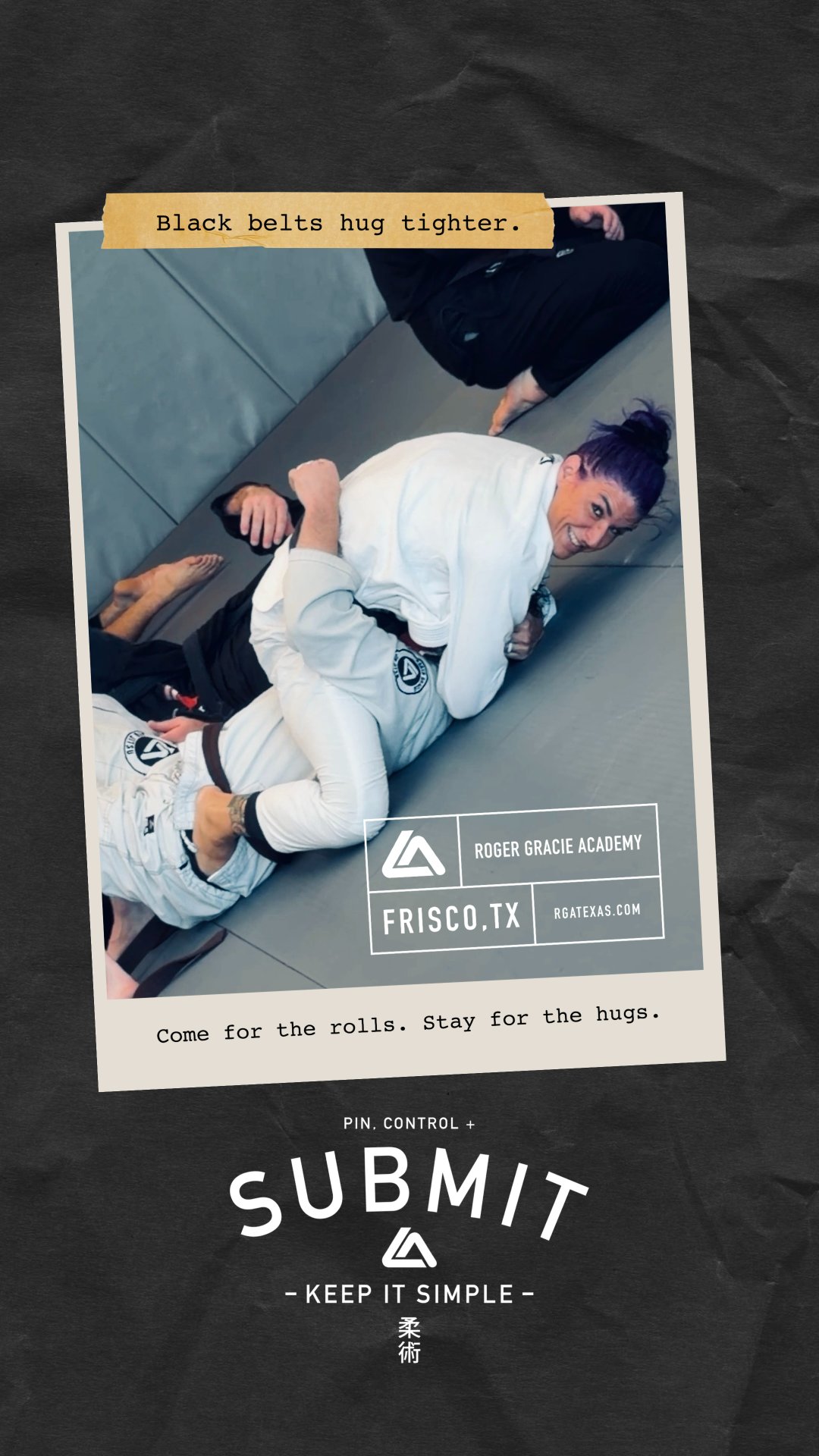 RGA Frisco graphic: a rolling session captioned Black belts hug tighter — come for the rolls, stay for the hugs